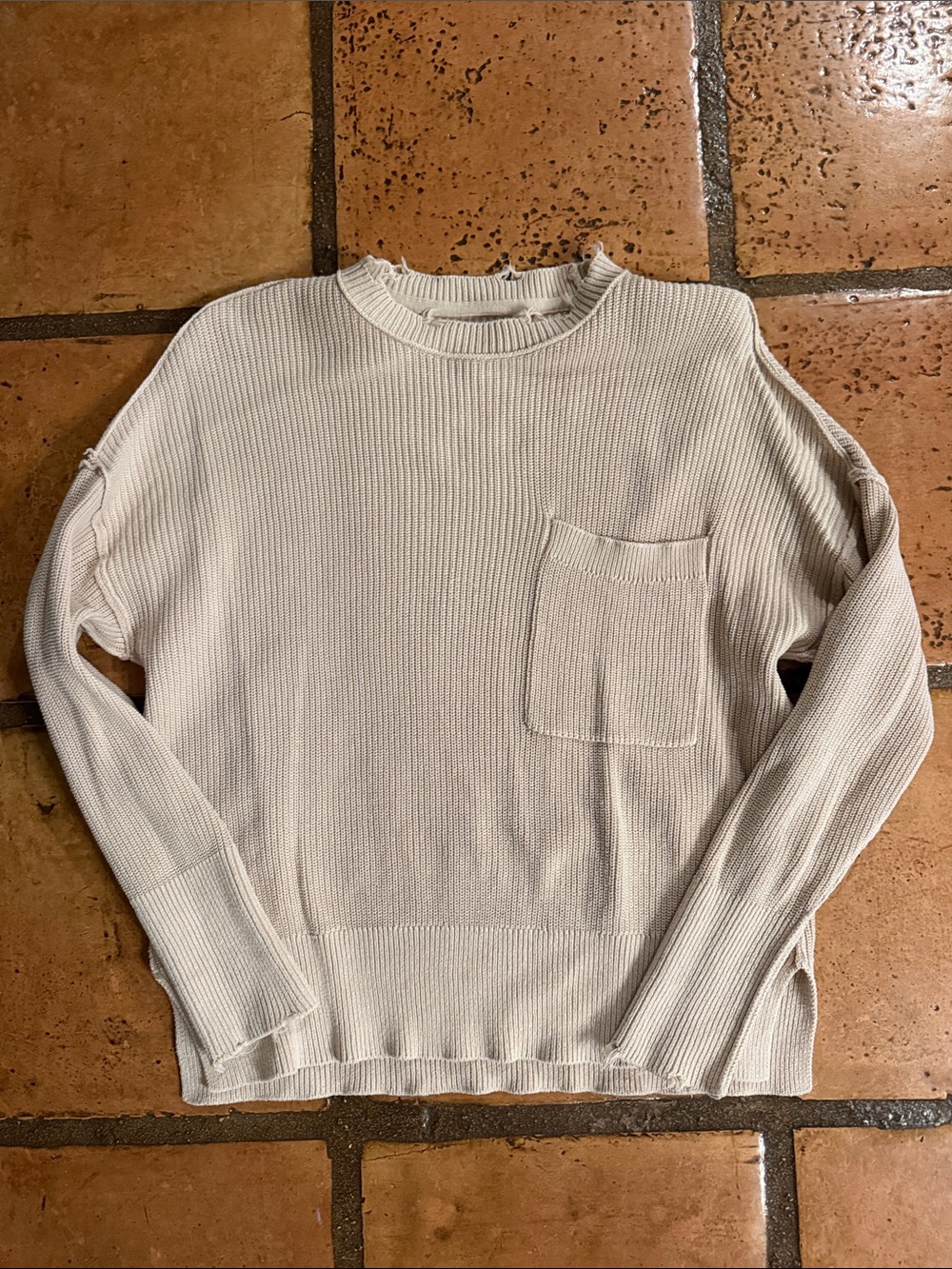 pistola Cream Ribbed Crewneck Sweater with Chest Pocket
